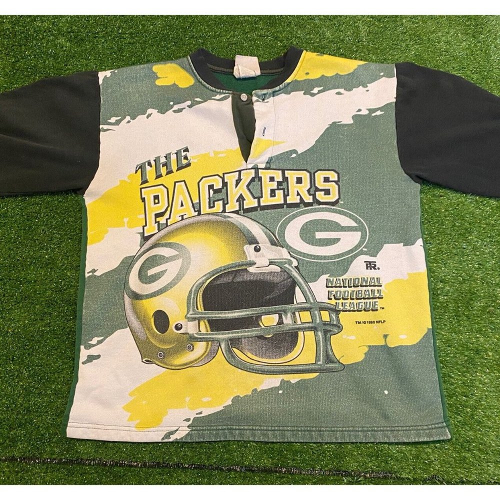 Vintage Green Bay Packers all over print button crewneck Women's Small Youth L